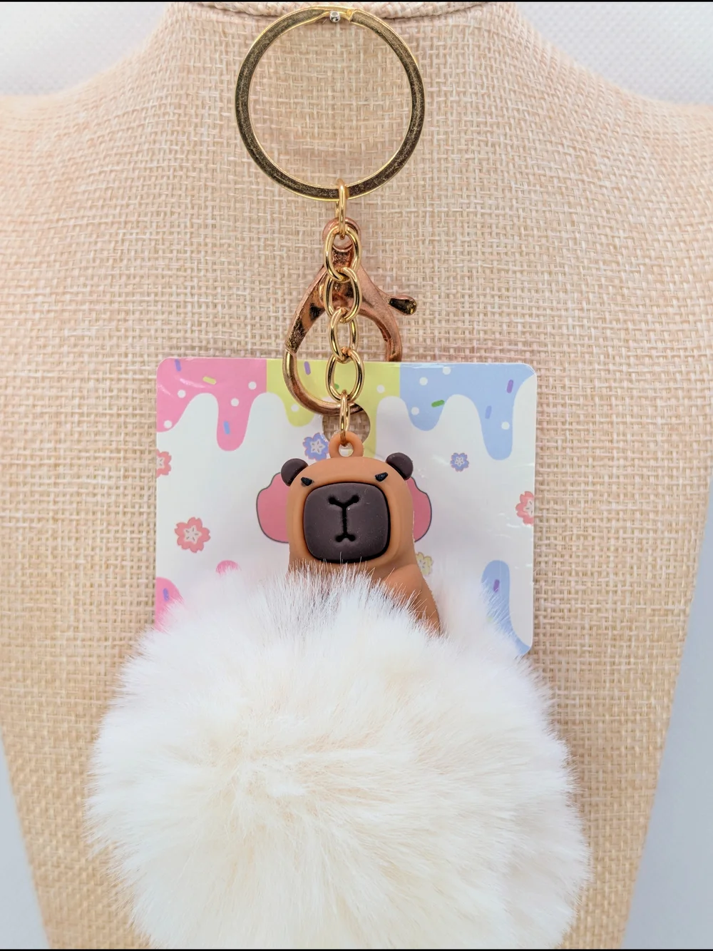 Capybara Atop Large Cream Pom Poof Keychain Bag Charm